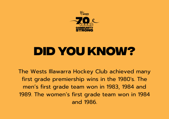 The Wests Illawarra Hockey Club had much success in the 80's, scoring premiership wins in both the men's and women's first grade teams.